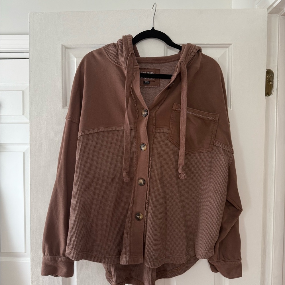 American Eagle Outfitters Brown Waffle-Knit Hooded Shirt Jacket